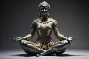 Buddha statue in yoga pose on dark background. photo