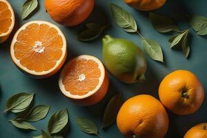 Citrus fruits on blue background, top view. Healthy food. generative ai photo