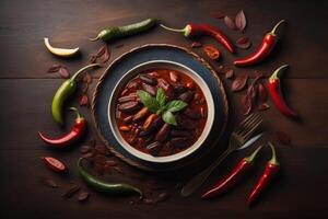 Chili con carne in bowl on wooden table. Top view. generative ai photo