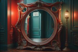 Classic interior with classic blue walls, wooden floor and ornate mirror. generative ai photo