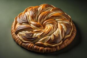 Close up of a freshly baked pie on a green background. Toned. photo