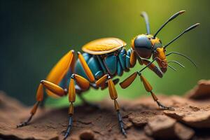 Close-up image of a yellow hornet on a tree stump. photo