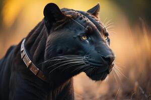 Close-up portrait of a black panther, Panthera leo. photo