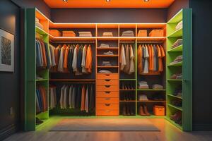 Closet with clothes in a modern wardrobe. photo