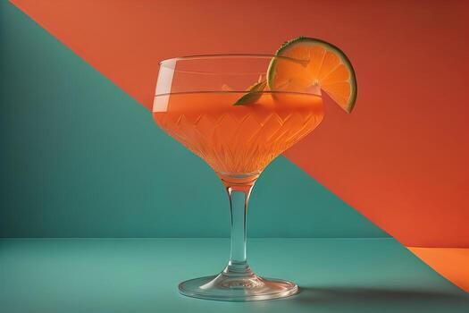 Cocktail with orange and lime on a blue and orange background. photo