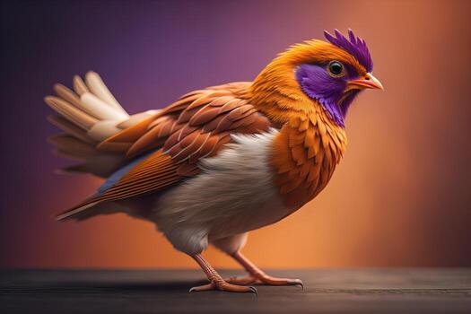 Colorful bird on the wooden floor with purple background, close up. photo