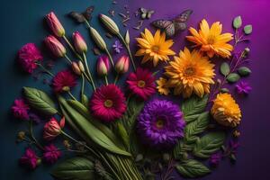 Colorful summer flowers on dark background. Flat lay, top view. generative ai photo