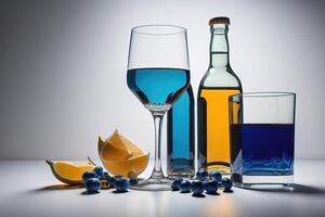Composition with glasses of different alcoholic drinks and fruits on white background. photo