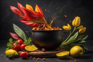 Cooking pot with vegetables, fruits and spices on a dark background. photo
