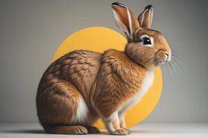 Cute easter bunny with yellow egg on grey background. photo