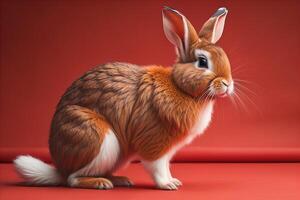 Cute red and brown rabbit on a red background. Easter concept. photo