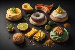 Cupcakes with different flavors on a dark background. Toned. photo