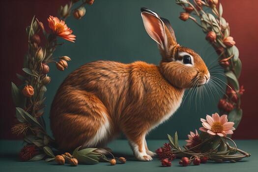 Cute red rabbit with flowers on green background, easter concept. photo