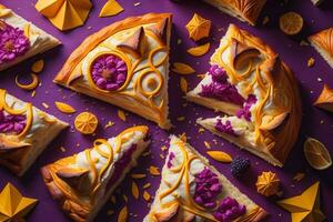 Delicious cake with berries and orange on purple background, top view. generative ai photo