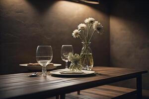 Dining table in a restaurant with cutlery and flowers. photo