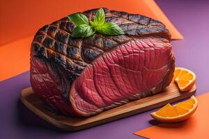Delicious sliced roast beef on cutting board on color background, closeup. photo