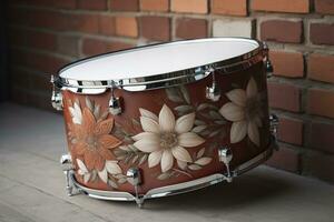 Drum with floral pattern on brick wall background. Musical instrument. generative ai photo