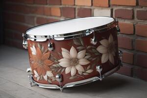 Drum with floral pattern on brick wall background. Musical instrument. photo