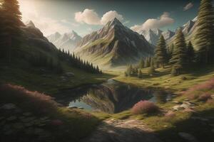 Fantasy landscape with lake and mountains in the background. Digital painting. photo