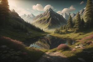 Fantasy landscape with lake and mountains in the background. Digital painting. generative ai photo