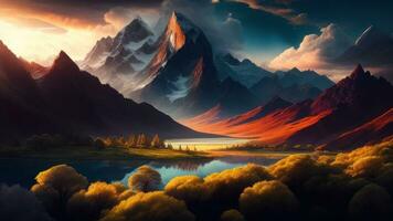 fantasía paisaje con montañas y lago. 3d representación. foto