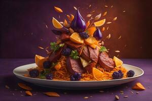 Falling slices of smoked meat on plate with orange and purple background. generative ai photo