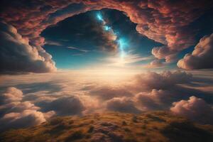 Fantasy cloudscape with sun above the clouds. generative ai photo