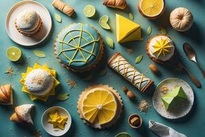 Flat lay composition with delicious lemon cakes on color background, top view. photo