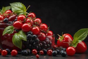 Fresh cherry tomatoes, blackberries and red currant on black background. photo
