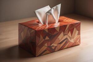 Gift box with napkin on wooden table, close-up. photo