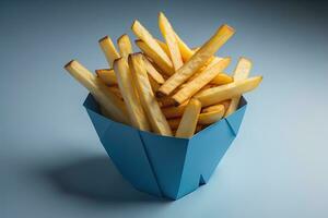 francés papas fritas en un azul caja en un gris antecedentes. generativo ai foto