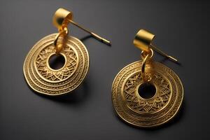 Gold earrings on a black background. Jewelry and accessories. generative ai photo