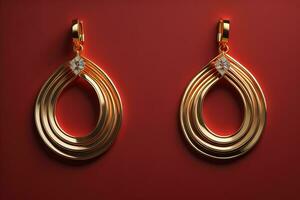 Gold earrings on a red background. generative ai photo