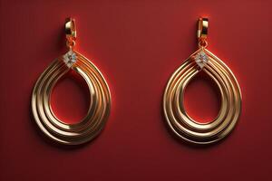 Gold earrings on a red background. photo