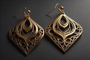 Gold earrings on a black background. Luxury jewelry. generative ai photo