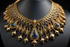 Gold necklace on black mannequin. Luxury jewelry on a black background. photo