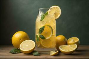 Glass of lemonade with fresh lemons and mint leaves on wooden table. generative ai photo