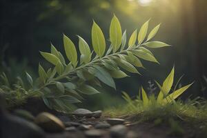 Green leaves in the forest. Beautiful nature background. Soft focus. generative ai photo