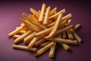 Golden French fries potatoes on a purple background. Fast food concept. generative ai photo