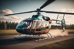 Helicopter on the road in the forest. photo