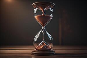 Hourglass with flowing sand, time passing concept. photo