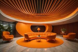 Interior of a modern office with orange reception desk and orange armchairs. generative ai photo