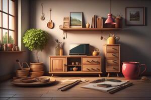 Interior of children's room with wooden shelf and toys. photo