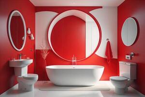 Interior of a modern bathroom with red walls, white floor, red bathtub and round mirror. generative ai photo