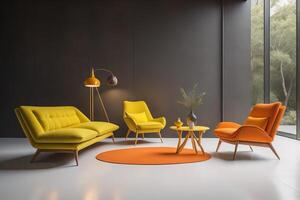 Interior of modern living room with black walls, concrete floor, orange and yellow armchairs standing near round coffee table and coffee table. photo