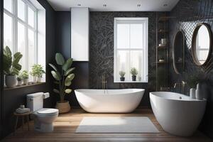 Interior of modern bathroom with gray and black walls, wooden floor, comfortable white bathtub standing near window with blurry cityscape. photo