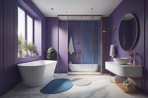 Interior of modern bathroom with purple walls, white marble floor, comfortable bathtub and round mirror. generative ai photo