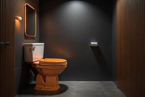 Interior of modern bathroom with brown and black walls, tiled floor, orange toilet bowl and mirror. generative ai photo