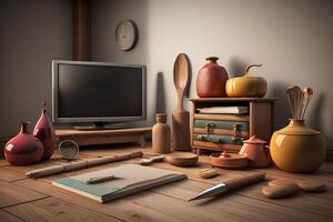 Interior of modern living room with furniture and TV. photo