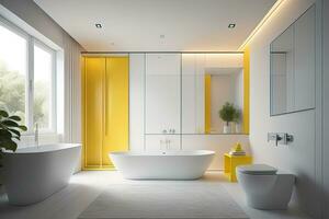 Interior of modern bathroom with white and yellow walls, wooden floor, white bathtub standing near yellow and white double sink and toilet. generative ai photo
